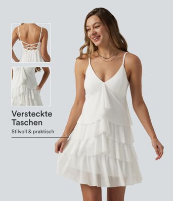 Lässiges, rückenfreies Minikleid mit Taschen, integriertem BH, überkreuztem Rückendesign und Stufen-Design Lässiges, rückenfreies Minikleid mit Taschen, integriertem BH, überkreuztem Rückendesign und Stufen-Design