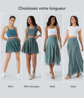 Jupe Casual Évasée Mesh Mi-Longue Fuide 2 en 1 Contrastée Taille Haute Cordon Poche Latérale Jupe Casual Évasée Mesh Mi-Longue Fuide 2 en 1 Contrastée Taille Haute Cordon Poche Latérale