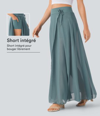 Jupe longue fluide 2-en-1 taille haute avec empiècements en résille Jupe longue fluide 2-en-1 taille haute avec empiècements en résille