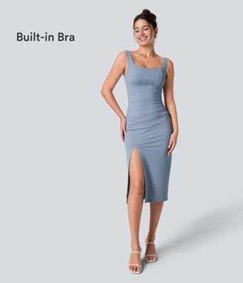 SoftlyZero™ Airy Square Neck Backless Corset Ruched Split Bodycon Midi InstantCool Bridesmaid and Wedding Guest Dress