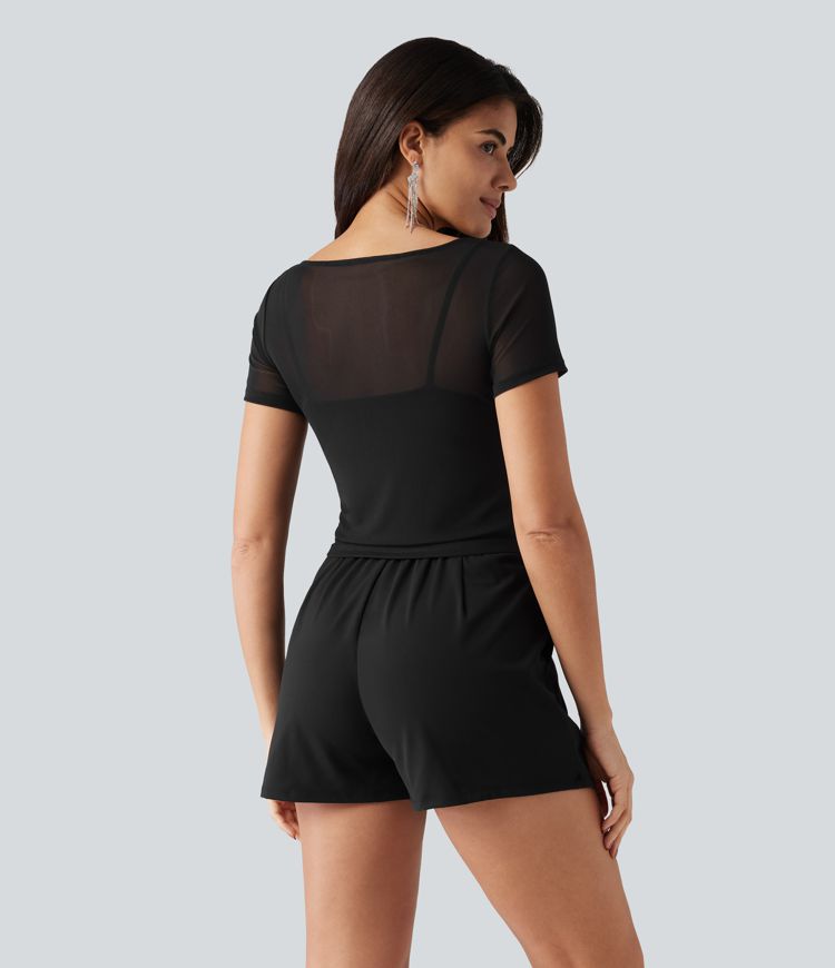 SoftlyZero™ kuscheliger Party-Romper mit U-Boot-Ausschnitt, integriertem BH, kontrastierendem Mesh, kurzen Ärmeln und Taschen – Easy-Peezy-Edition SoftlyZero™ kuscheliger Party-Romper mit U-Boot-Ausschnitt, integriertem BH, kontrastierendem Mesh, kurzen Ärmeln und Taschen – Easy-Peezy-Edition