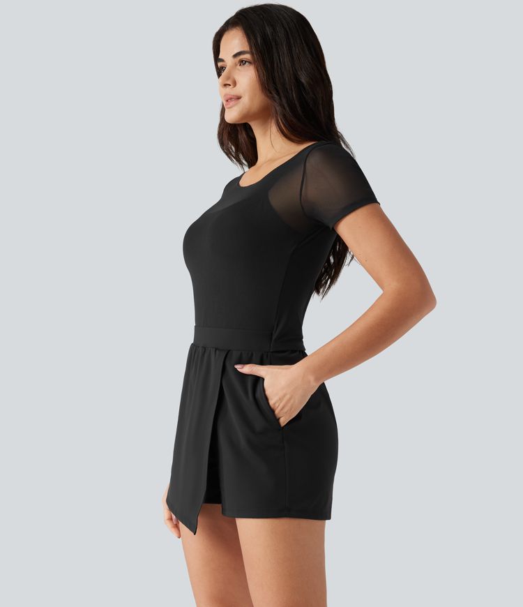 SoftlyZero™ kuscheliger Party-Romper mit U-Boot-Ausschnitt, integriertem BH, kontrastierendem Mesh, kurzen Ärmeln und Taschen – Easy-Peezy-Edition SoftlyZero™ kuscheliger Party-Romper mit U-Boot-Ausschnitt, integriertem BH, kontrastierendem Mesh, kurzen Ärmeln und Taschen – Easy-Peezy-Edition