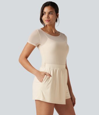 SoftlyZero™ Plush Boat Neck Built-in Bra Contrast Mesh Short Sleeve Party Romper with Pockets-Easy Peezy Edition