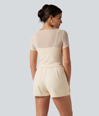 SoftlyZero™ Plush Boat Neck Built-in Bra Contrast Mesh Short Sleeve Party Romper with Pockets-Easy Peezy Edition