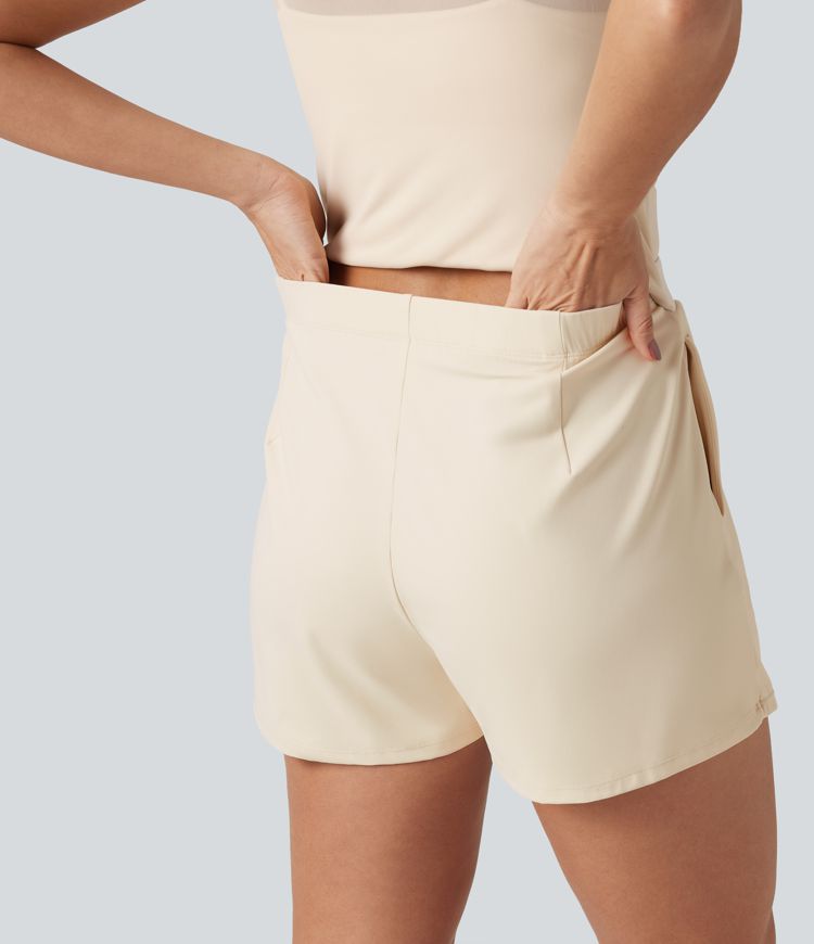 SoftlyZero™ Plush Boat Neck Built-in Bra Contrast Mesh Short Sleeve Party Romper with Pockets-Easy Peezy Edition