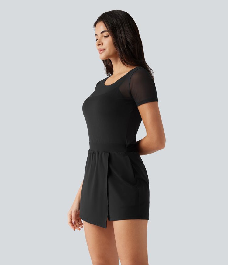 SoftlyZero™ kuscheliger Party-Romper mit U-Boot-Ausschnitt, integriertem BH, kontrastierendem Mesh, kurzen Ärmeln und Taschen – Easy-Peezy-Edition SoftlyZero™ kuscheliger Party-Romper mit U-Boot-Ausschnitt, integriertem BH, kontrastierendem Mesh, kurzen Ärmeln und Taschen – Easy-Peezy-Edition