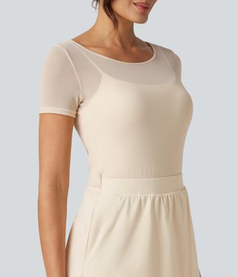 SoftlyZero™ Plush Boat Neck Built-in Bra Contrast Mesh Short Sleeve Party Romper with Pockets-Easy Peezy Edition