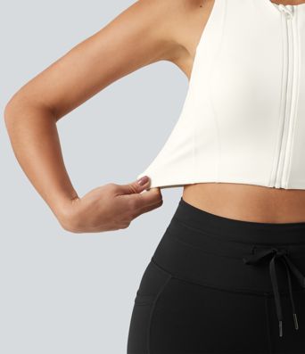 Round Neck Built-in Bra InstantCool Quick Dry Cropped Running Tank Top with Pockets-UPF50+
