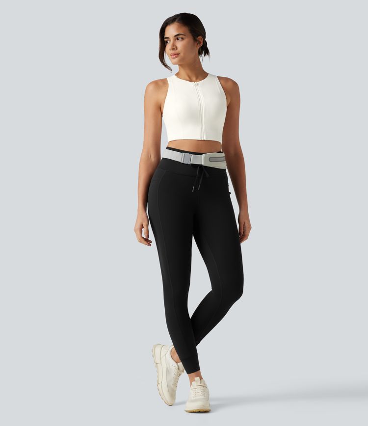 Round Neck Built-in Bra InstantCool Quick Dry Cropped Running Tank Top with Pockets-UPF50+