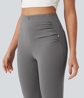 High Waisted Ruched Flare Golf Pants with Pockets-Golf Tee High Waisted Ruched Flare Golf Pants with Pockets-Golf Tee