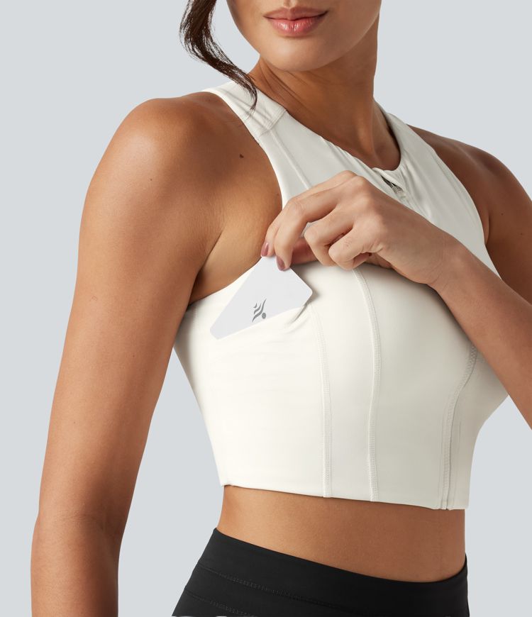 Round Neck Built-in Bra InstantCool Quick Dry Cropped Running Tank Top with Pockets-UPF50+