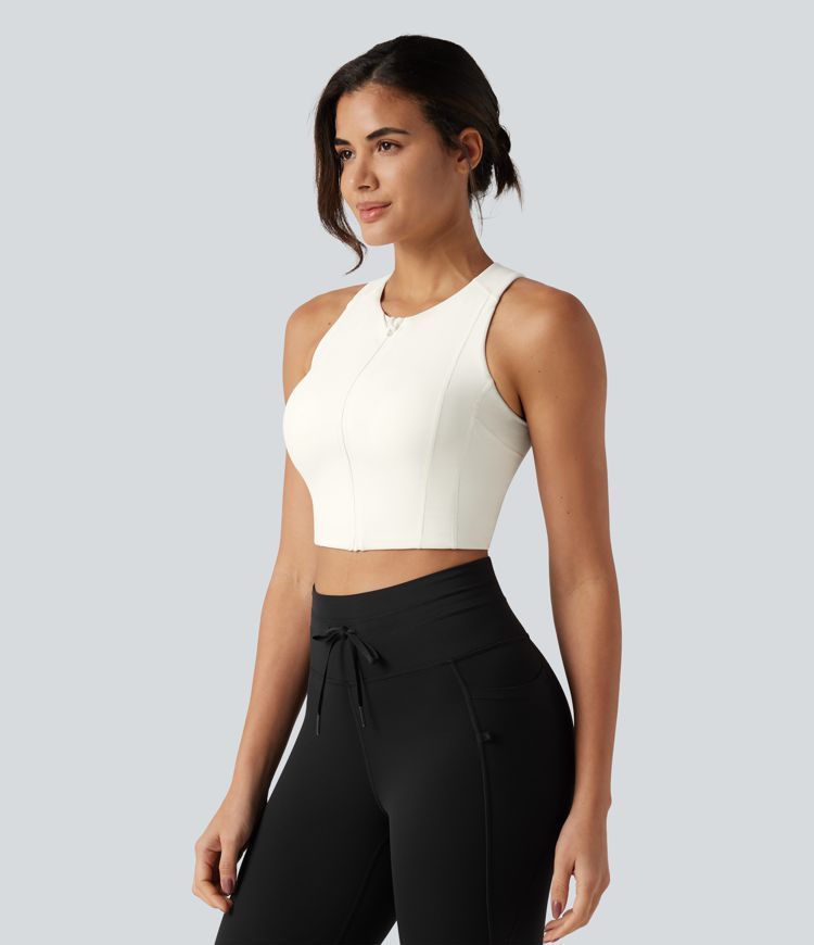 Round Neck Built-in Bra InstantCool Quick Dry Cropped Running Tank Top with Pockets-UPF50+