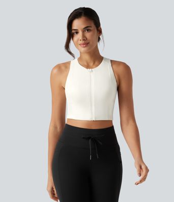 Round Neck Built-in Bra InstantCool Quick Dry Cropped Running Tank Top with Pockets-UPF50+