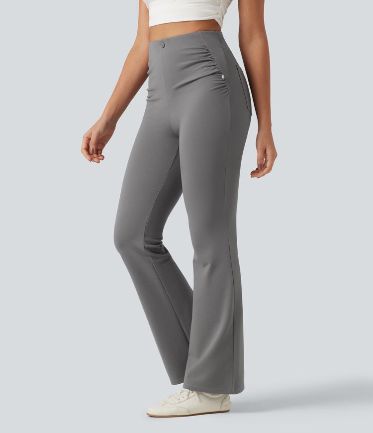 High Waisted Ruched Flare Golf Trousers with Pockets-Golf Tee