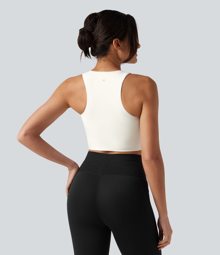 Round Neck Built-in Bra InstantCool Quick Dry Cropped Running Tank Top with Pockets-UPF50+