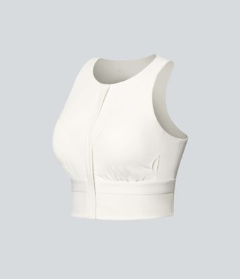 Round Neck Built-in Bra InstantCool Quick Dry Cropped Running Tank Top with Pockets-UPF50+