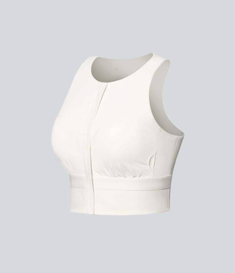 Round Neck Built-in Bra InstantCool Quick Dry Cropped Running Tank Top with Pockets-UPF50+