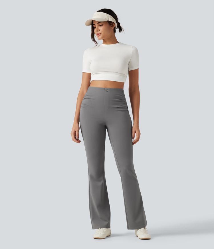 High Waisted Ruched Flare Golf Pants with Pockets-Golf Tee High Waisted Ruched Flare Golf Pants with Pockets-Golf Tee