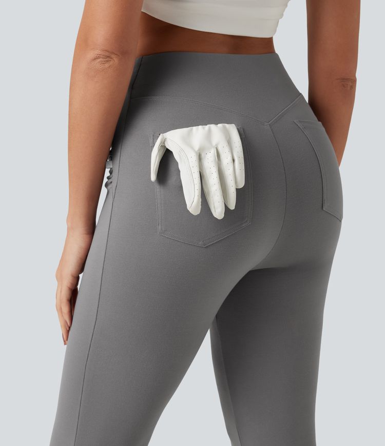 High Waisted Ruched Flare Golf Pants with Pockets-Golf Tee High Waisted Ruched Flare Golf Pants with Pockets-Golf Tee