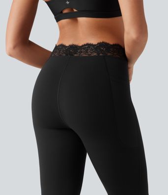 Halara UltraSculpt™ V-Shaped High Waisted Contrast Lace Cropped Yoga Flare Leggings with Pockets