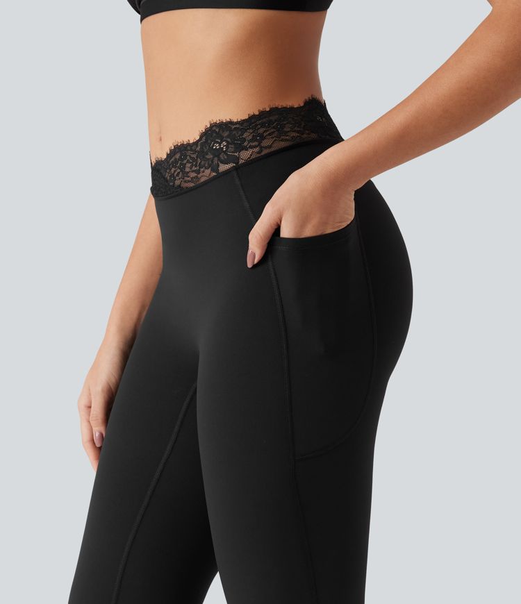 Halara UltraSculpt™ V-Shaped High Waisted Contrast Lace Cropped Yoga Flare Leggings with Pockets