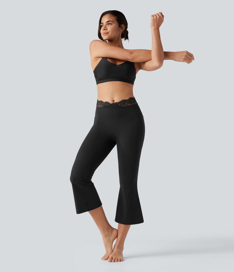 Halara UltraSculpt™ V-Shaped High Waisted Contrast Lace Cropped Yoga Flare Leggings with Pockets