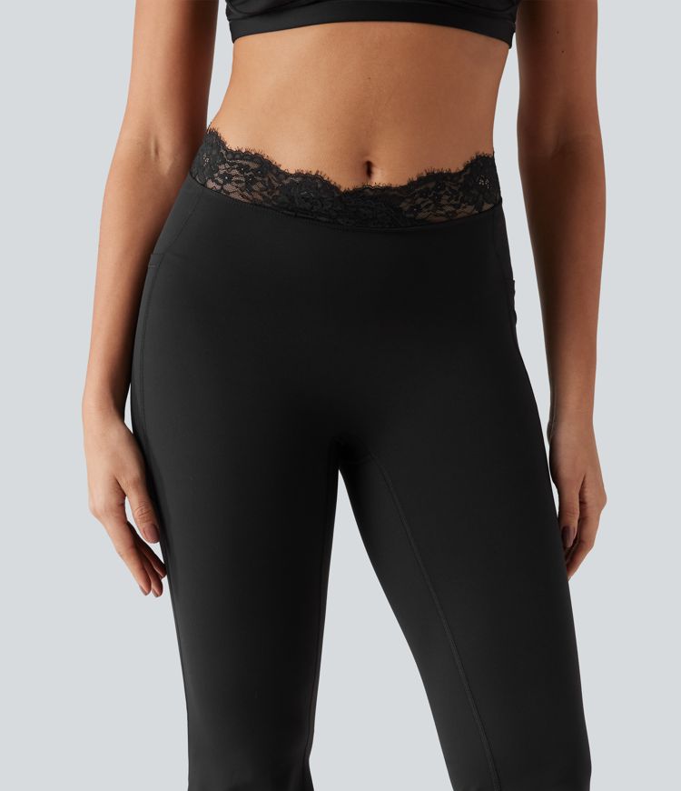 Halara UltraSculpt™ V-Shaped High Waisted Contrast Lace Cropped Yoga Flare Leggings with Pockets