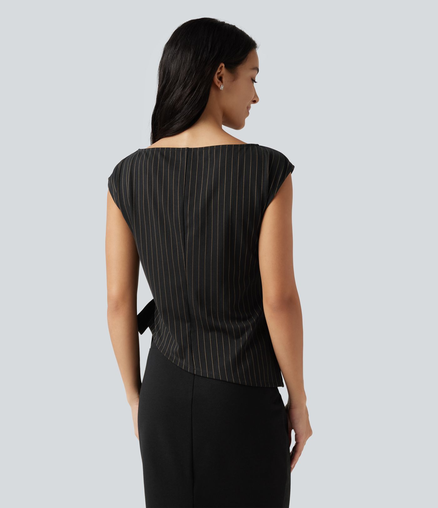 Boat Neck Cap Sleeve Striped Ruched Tie Side Asymmetric Hem Work Blouse Boat Neck Cap Sleeve Striped Ruched Tie Side Asymmetric Hem Work Blouse