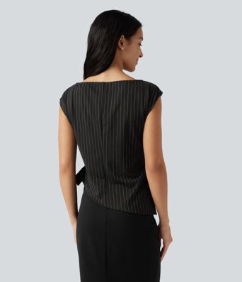 Boat Neck Cap Sleeve Striped Ruched Tie Side Asymmetric Hem Work Blouse Boat Neck Cap Sleeve Striped Ruched Tie Side Asymmetric Hem Work Blouse