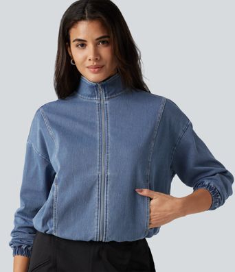 Halara Flex™ High Neck Long Sleeve Denim Casual Jacket with Pockets