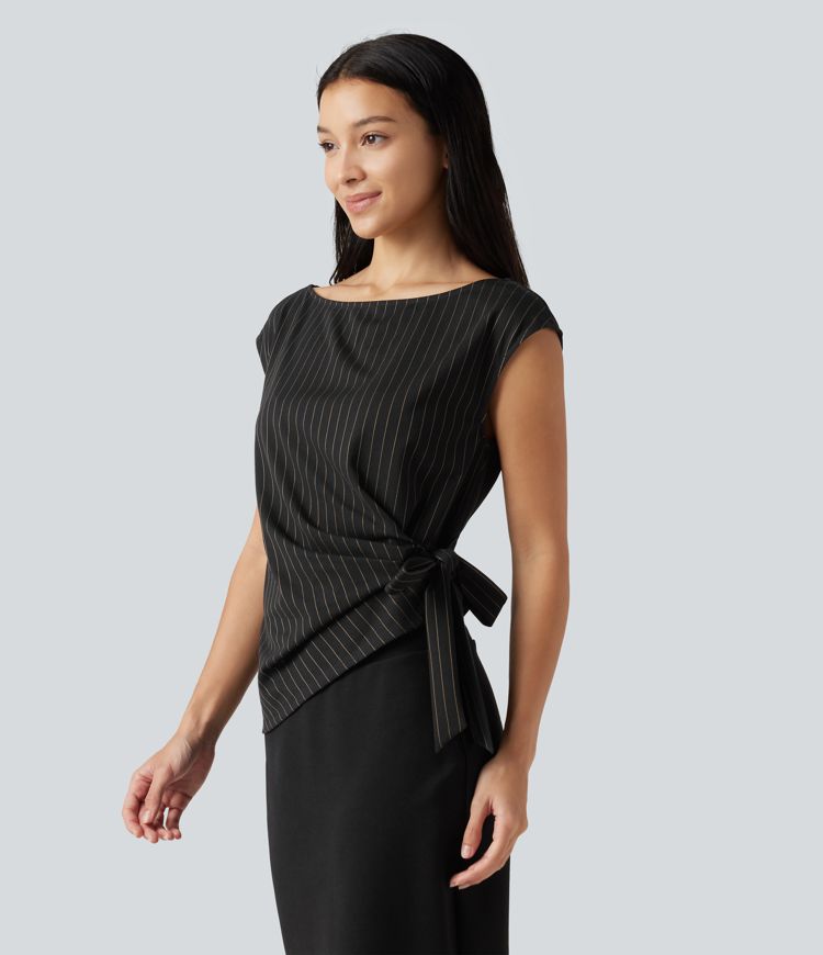 Boat Neck Cap Sleeve Striped Ruched Tie Side Asymmetric Hem Work Blouse Boat Neck Cap Sleeve Striped Ruched Tie Side Asymmetric Hem Work Blouse
