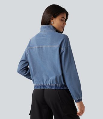 Halara Flex™ High Neck Long Sleeve Denim Casual Jacket with Pockets