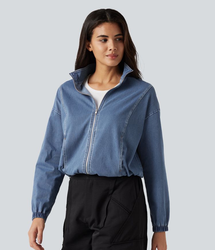 Halara Flex™ High Neck Long Sleeve Denim Casual Jacket with Pockets