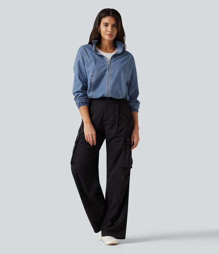 Halara Flex™ High Neck Long Sleeve Denim Casual Jacket with Pockets