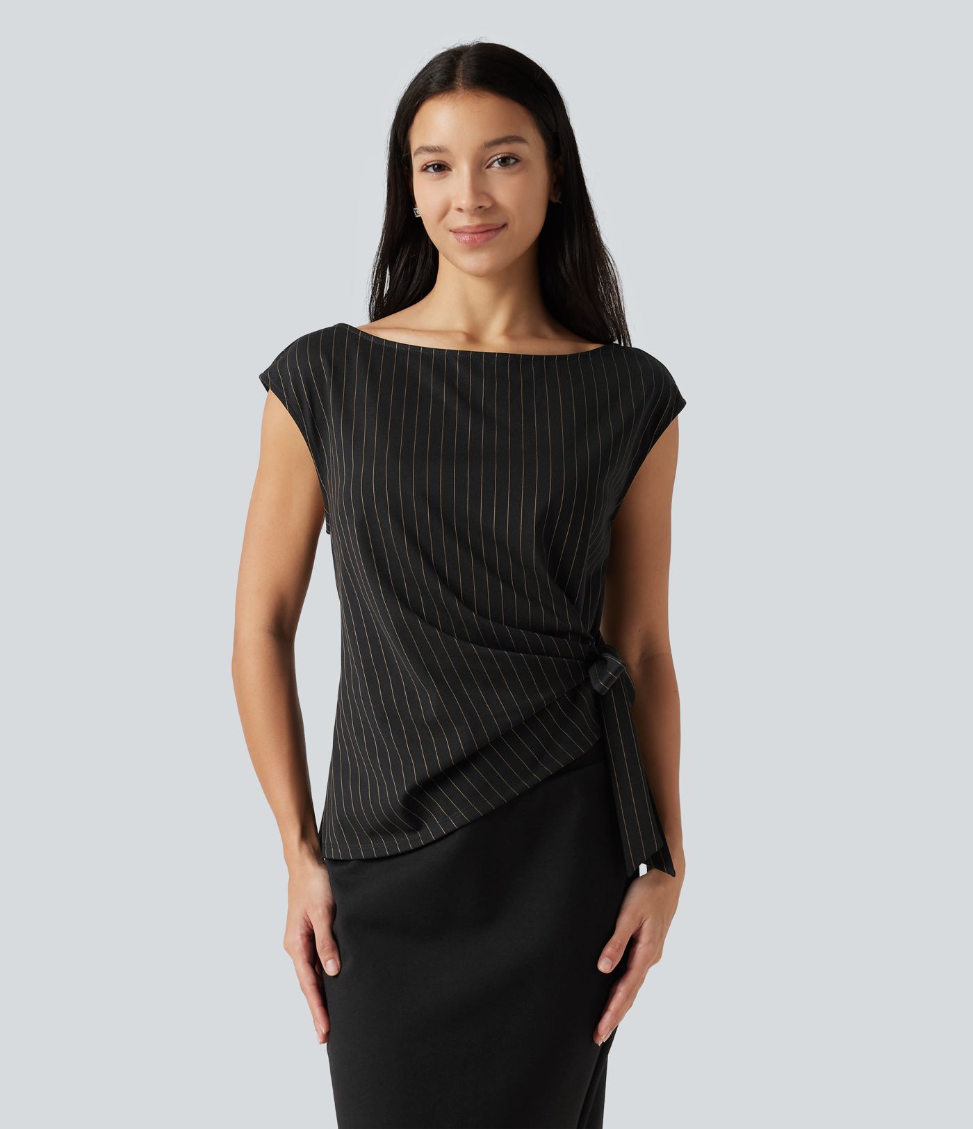 Boat Neck Cap Sleeve Striped Ruched Tie Side Asymmetric Hem Work Blouse Boat Neck Cap Sleeve Striped Ruched Tie Side Asymmetric Hem Work Blouse