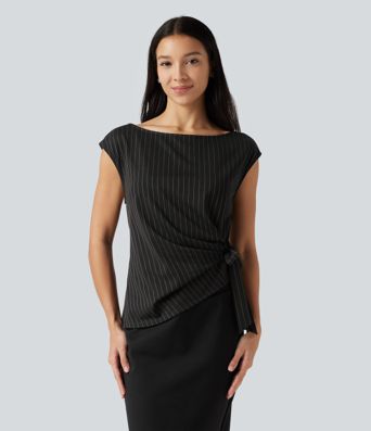 Boat Neck Cap Sleeve Striped Ruched Tie Side Asymmetric Hem Work Blouse Boat Neck Cap Sleeve Striped Ruched Tie Side Asymmetric Hem Work Blouse