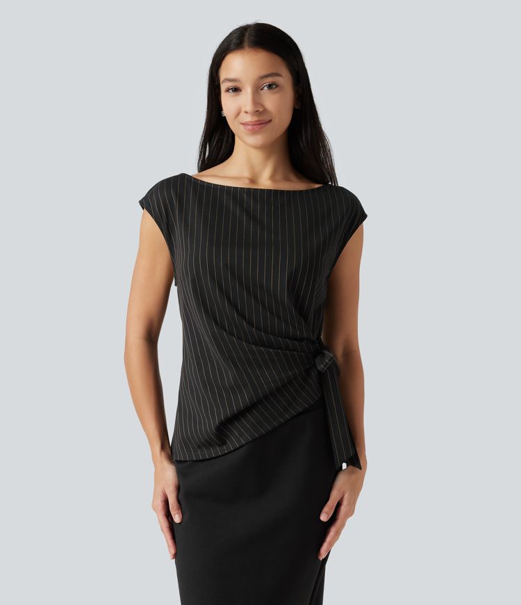Boat Neck Cap Sleeve Striped Ruched Tie Side Asymmetric Hem Work Blouse Boat Neck Cap Sleeve Striped Ruched Tie Side Asymmetric Hem Work Blouse
