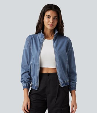 Halara Flex™ High Neck Long Sleeve Denim Casual Jacket with Pockets