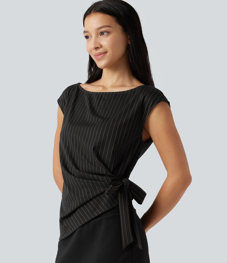 Boat Neck Cap Sleeve Striped Ruched Tie Side Asymmetric Hem Work Blouse Boat Neck Cap Sleeve Striped Ruched Tie Side Asymmetric Hem Work Blouse
