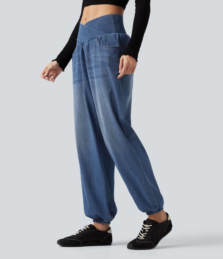 Halara Flex™ High Waisted Crossover Tummy Control Denim Casual Joggers with Pockets