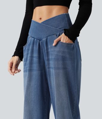 Halara Flex™ High Waisted Crossover Tummy Control Denim Casual Joggers with Pockets