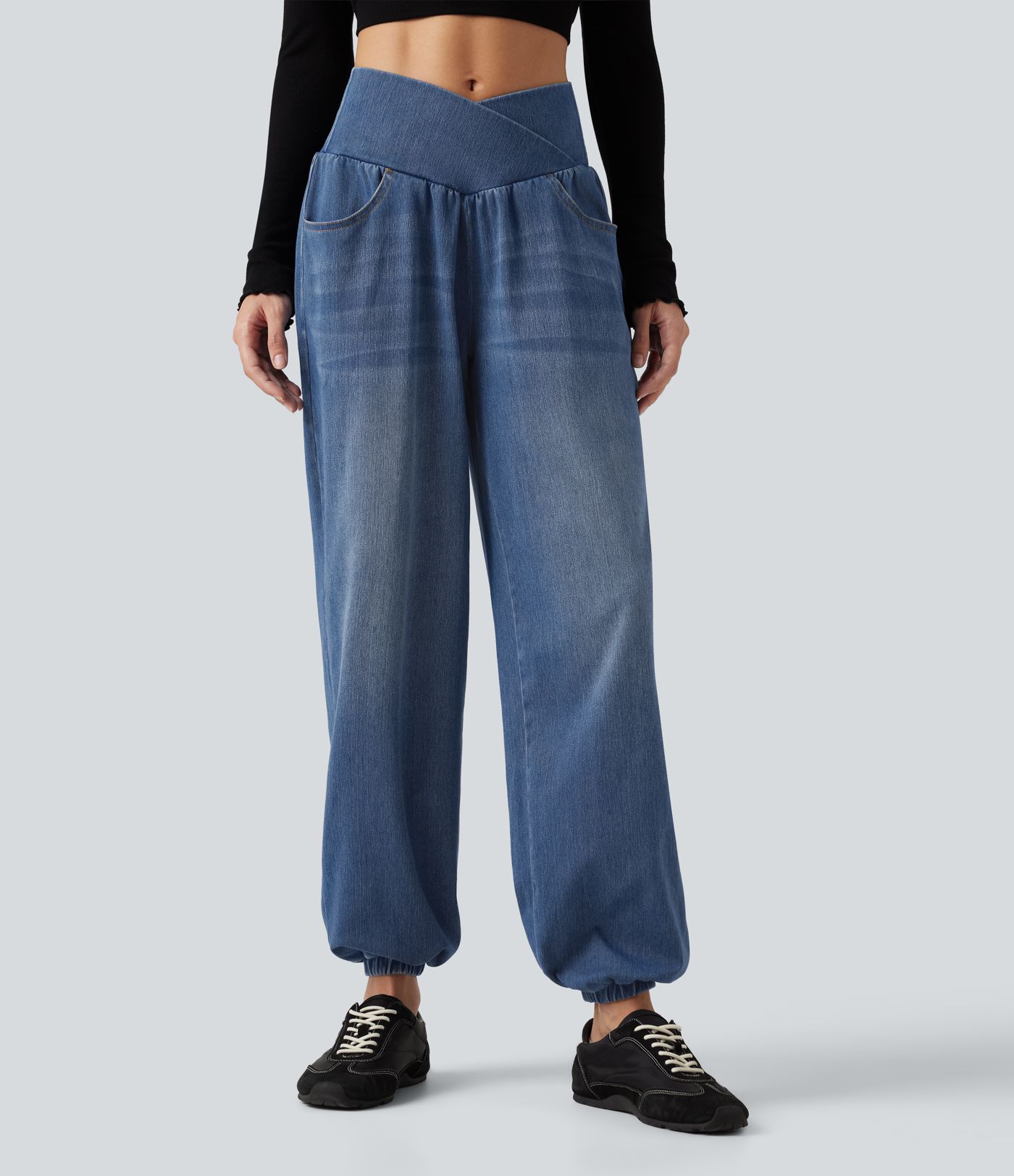 Halara Flex™ High Waisted Crossover Tummy Control Denim Casual Joggers with Pockets Halara Flex™ High Waisted Crossover Tummy Control Denim Casual Joggers with Pockets
