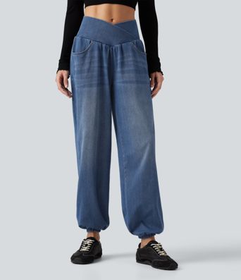 Halara Flex™ High Waisted Crossover Tummy Control Denim Casual Joggers with Pockets Halara Flex™ High Waisted Crossover Tummy Control Denim Casual Joggers with Pockets