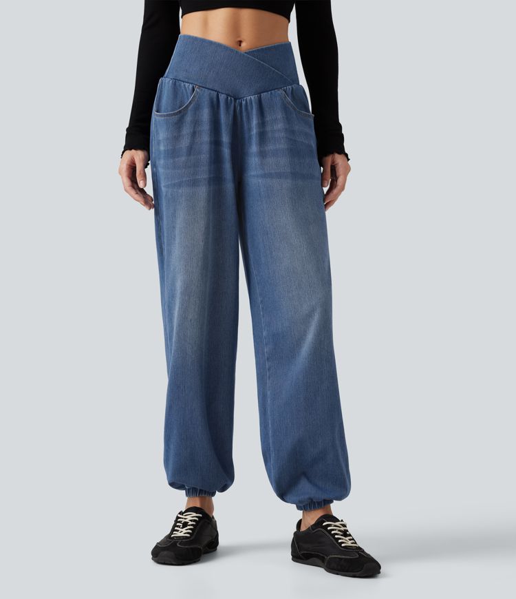 Halara Flex™ High Waisted Crossover Tummy Control Denim Casual Joggers with Pockets Halara Flex™ High Waisted Crossover Tummy Control Denim Casual Joggers with Pockets