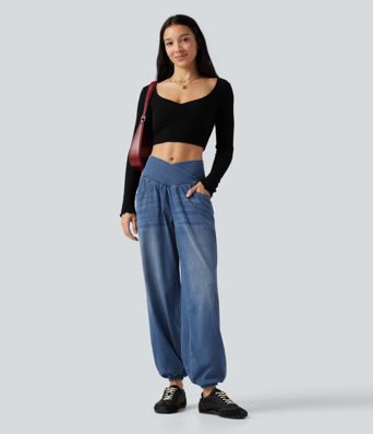 Halara Flex™ High Waisted Crossover Tummy Control Denim Casual Joggers with Pockets