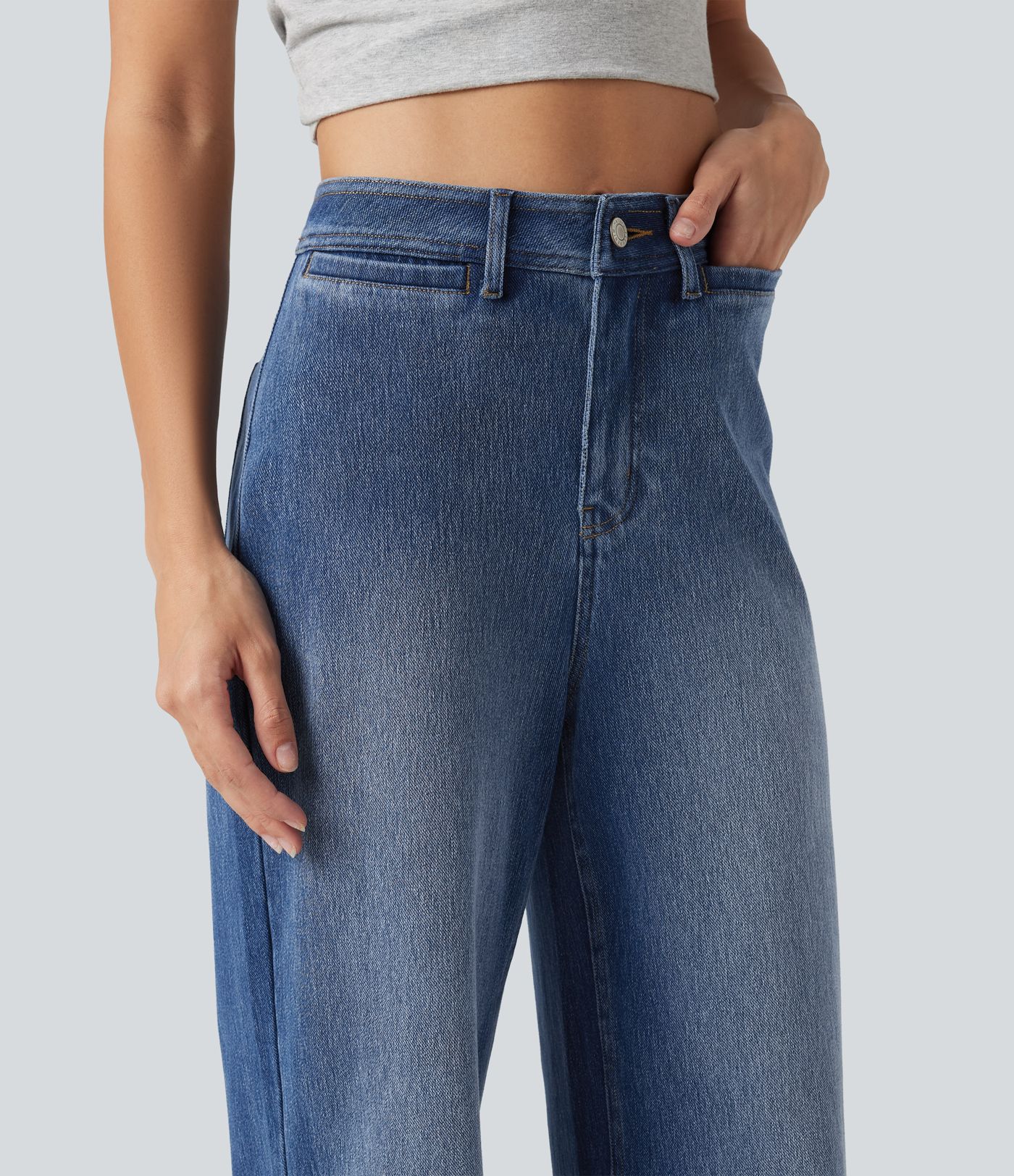 Halara Flex™ - Lässige, verwaschene Jeans mit hohem Bund, mehreren Taschen und weitem Bein