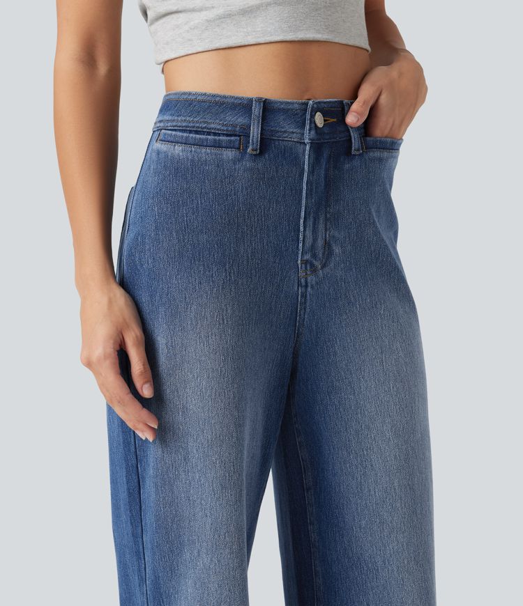 Halara Flex™ - Lässige, verwaschene Jeans mit hohem Bund, mehreren Taschen und weitem Bein