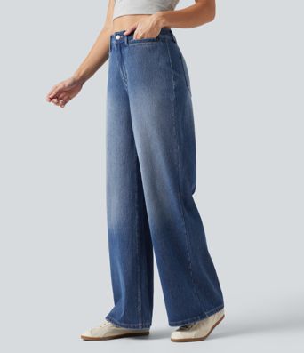 Halara Flex™ - Lässige, verwaschene Jeans mit hohem Bund, mehreren Taschen und weitem Bein