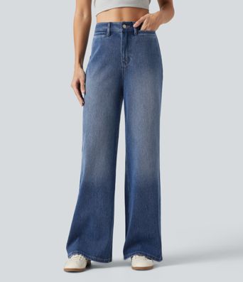 Halara Flex™ - Lässige, verwaschene Jeans mit hohem Bund, mehreren Taschen und weitem Bein