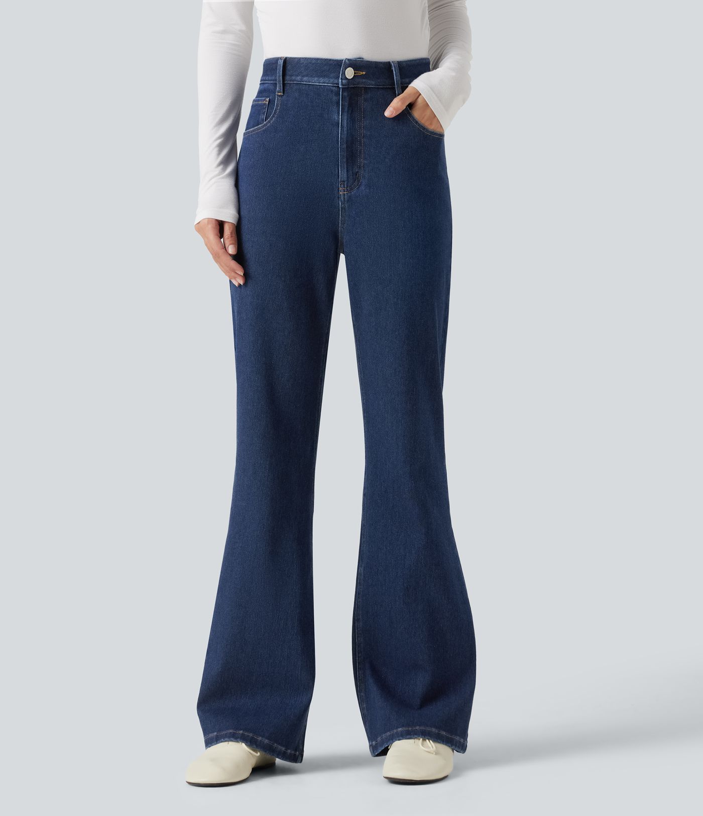 Halara Flex™ Jeans évasés à taille haute, style décontracté, avec poches Halara Flex™ Jeans évasés à taille haute, style décontracté, avec poches